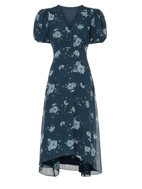 Club Monaco Navy Floral V-Neck Puff Sleeve Dress